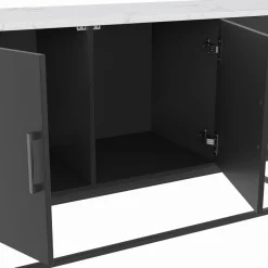 Buffet bas 113 cm 3 portes noires plateau effet marbre blanc