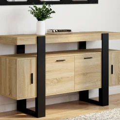 Buffet bas 140 cm bois imitation hêtre et noir 4 portes