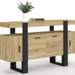 Buffet bas 140 cm bois imitation hêtre et noir 4 portes