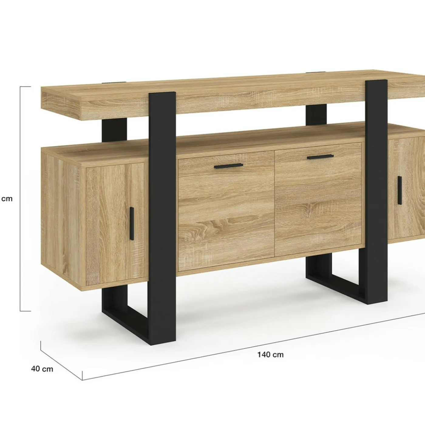Buffet bas 140 cm bois imitation hêtre et noir 4 portes