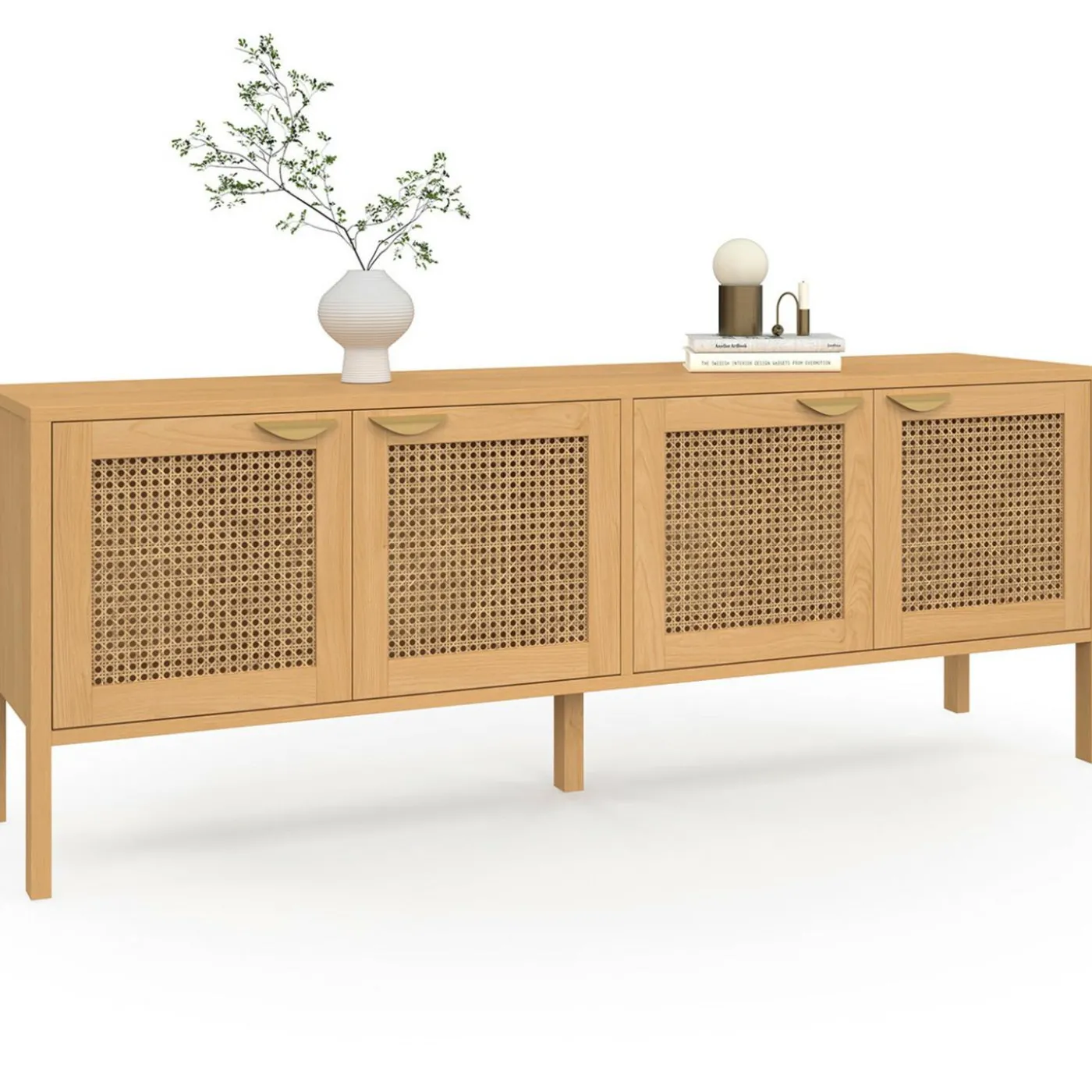 Buffet bas 4 portes bois et cannage 160 cm