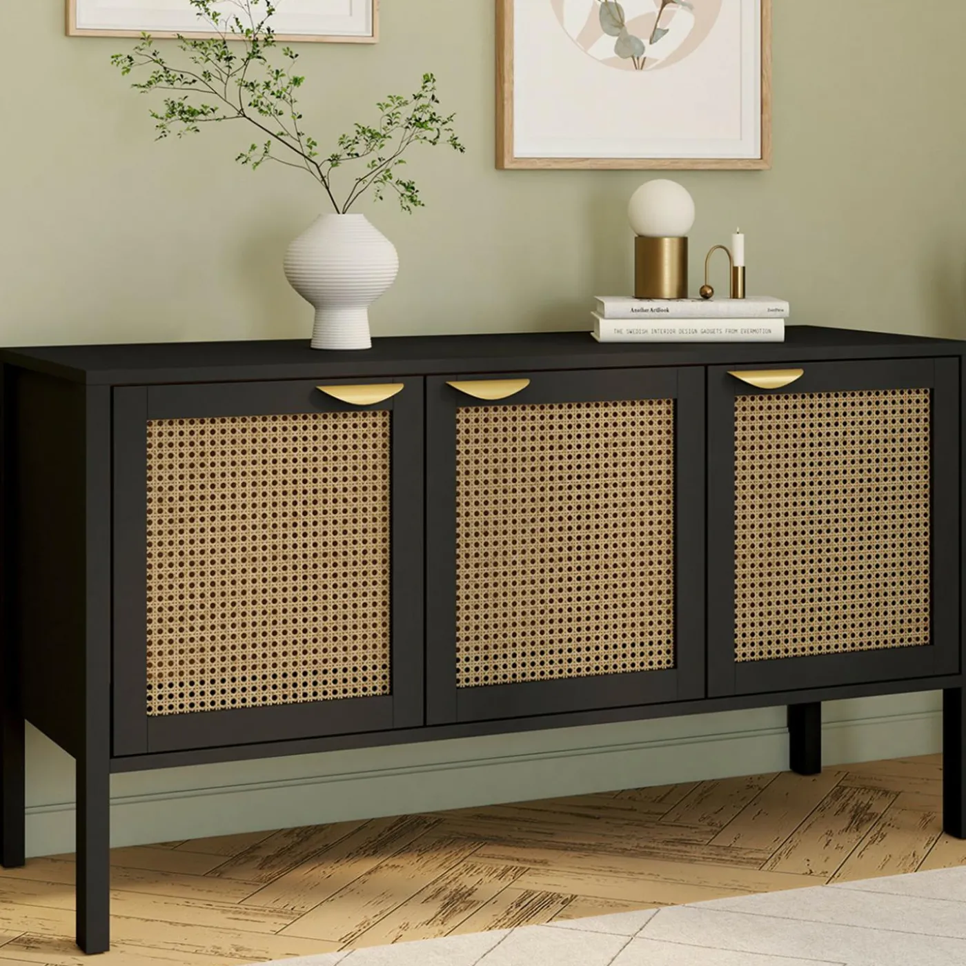 Buffet bas 3 portes bois noir et cannage 110 cm