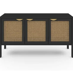 Buffet bas 3 portes bois noir et cannage 110 cm