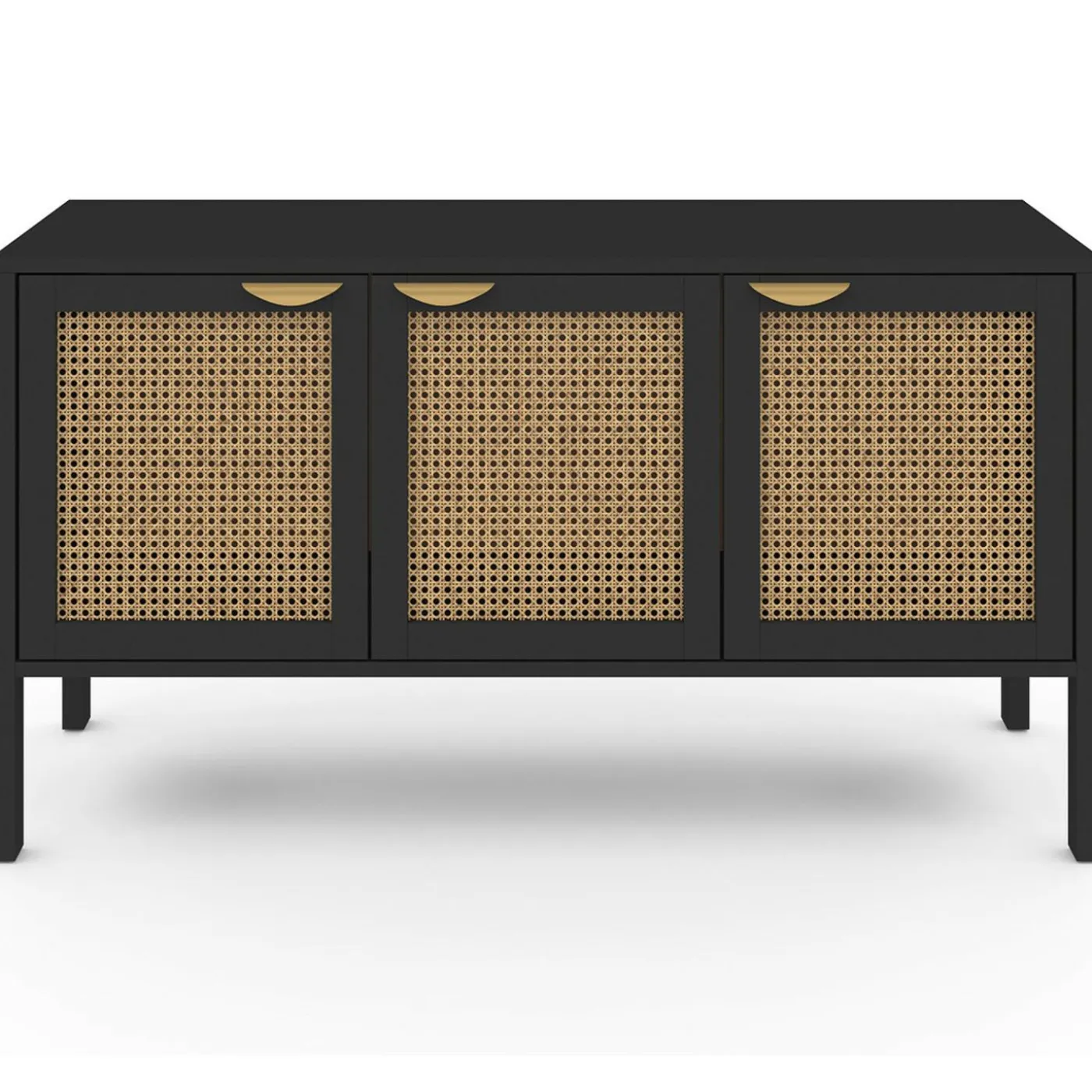 Buffet bas 3 portes bois noir et cannage 110 cm