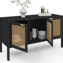 Buffet bas 3 portes bois noir et cannage 110 cm