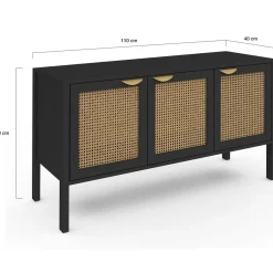 Buffet bas 3 portes bois noir et cannage 110 cm