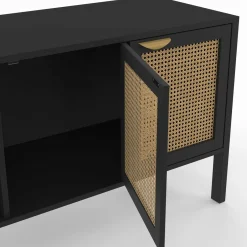 Buffet bas 3 portes bois noir et cannage 110 cm