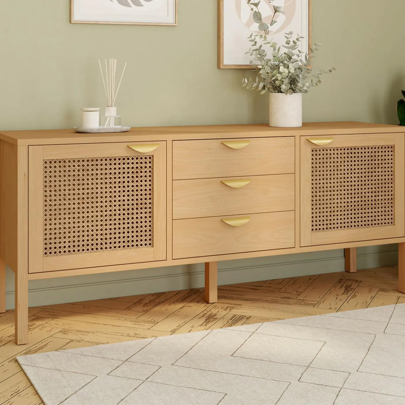 Buffet bas bois et cannage 140 cm avec 2 portes et 3 tiroirs