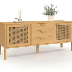 Buffet bas bois et cannage 140 cm avec 2 portes et 3 tiroirs