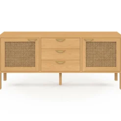 Buffet bas bois et cannage 140 cm avec 2 portes et 3 tiroirs