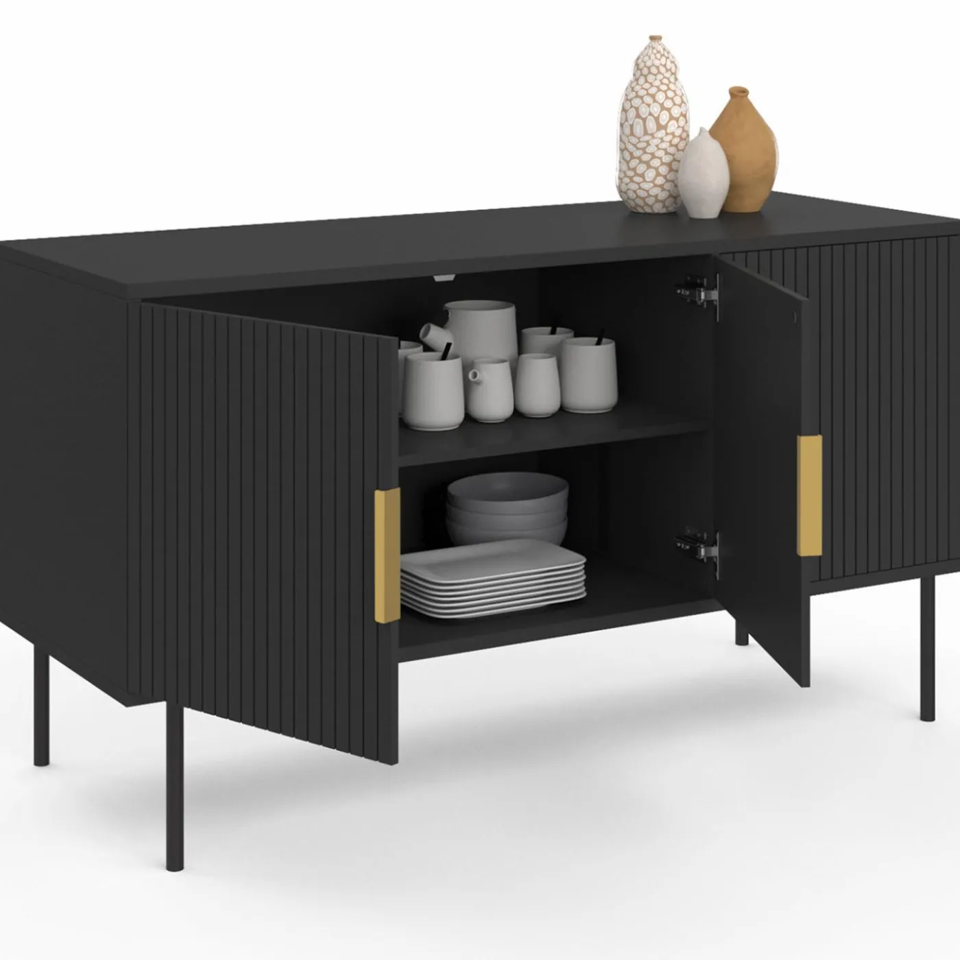 Buffet bas bois noir 110cm 3 portes effet lattes