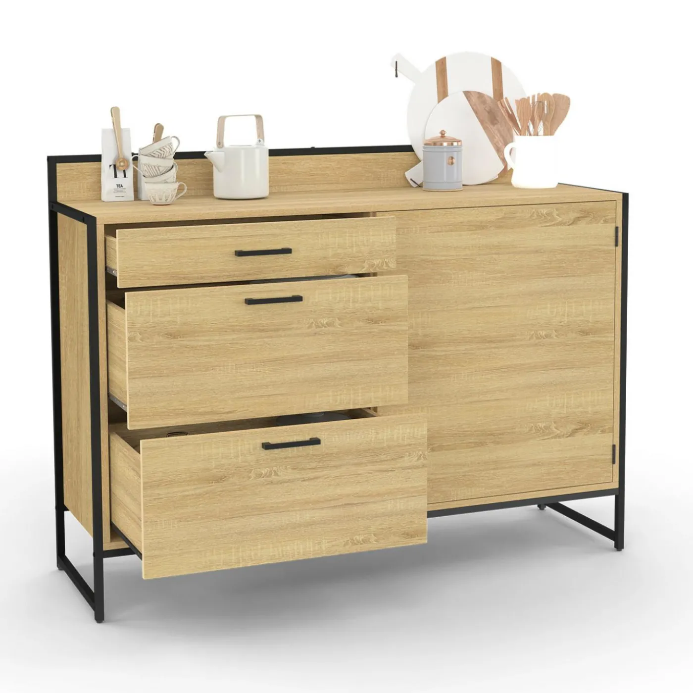 Buffet bas de cuisine 120 cm 3 tiroirs design industriel