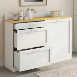 Buffet bas de cuisine 120 cm casserolier plan de travail H.83 cm 1 porte + 3 tiroirs blanc et plateau façon hêtre