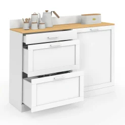 Buffet bas de cuisine 120 cm casserolier plan de travail H.83 cm 1 porte + 3 tiroirs blanc et plateau façon hêtre