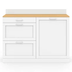 Buffet bas de cuisine 120 cm casserolier plan de travail H.83 cm 1 porte + 3 tiroirs blanc et plateau façon hêtre