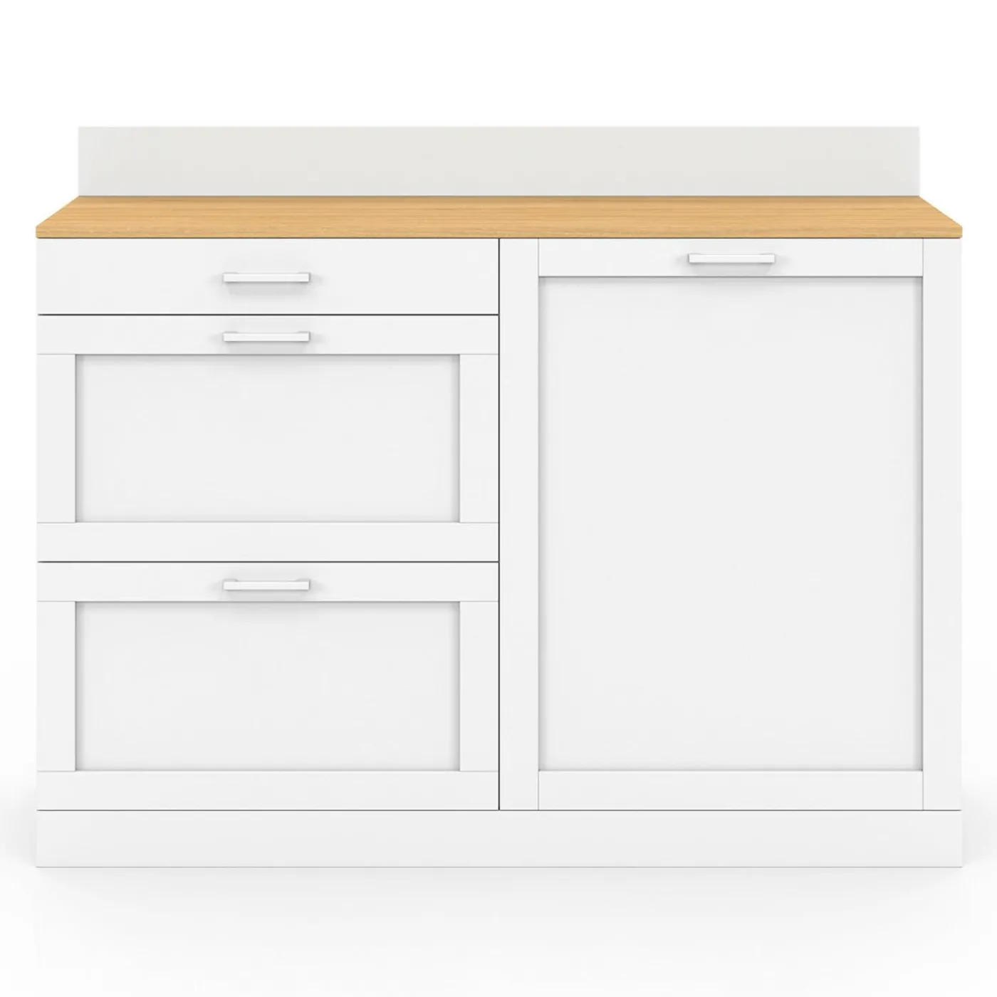 Buffet bas de cuisine 120 cm casserolier plan de travail H.83 cm 1 porte + 3 tiroirs blanc et plateau façon hêtre
