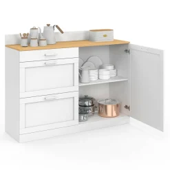 Buffet bas de cuisine 120 cm casserolier plan de travail H.83 cm 1 porte + 3 tiroirs blanc et plateau façon hêtre