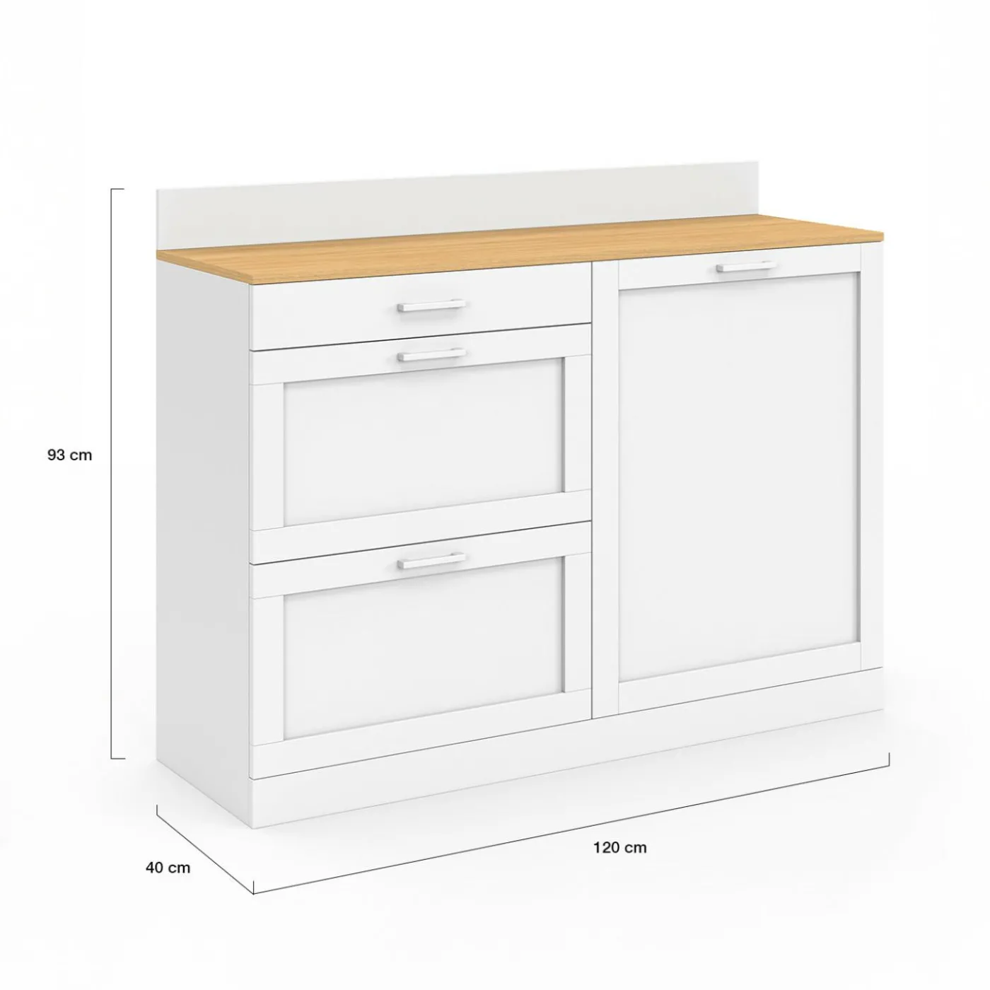 Buffet bas de cuisine 120 cm casserolier plan de travail H.83 cm 1 porte + 3 tiroirs blanc et plateau façon hêtre