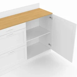 Buffet bas de cuisine 120 cm casserolier plan de travail H.83 cm 1 porte + 3 tiroirs blanc et plateau façon hêtre