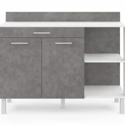 Buffet bas de cuisine blanc 120 cm 2 portes + tiroir effet béton