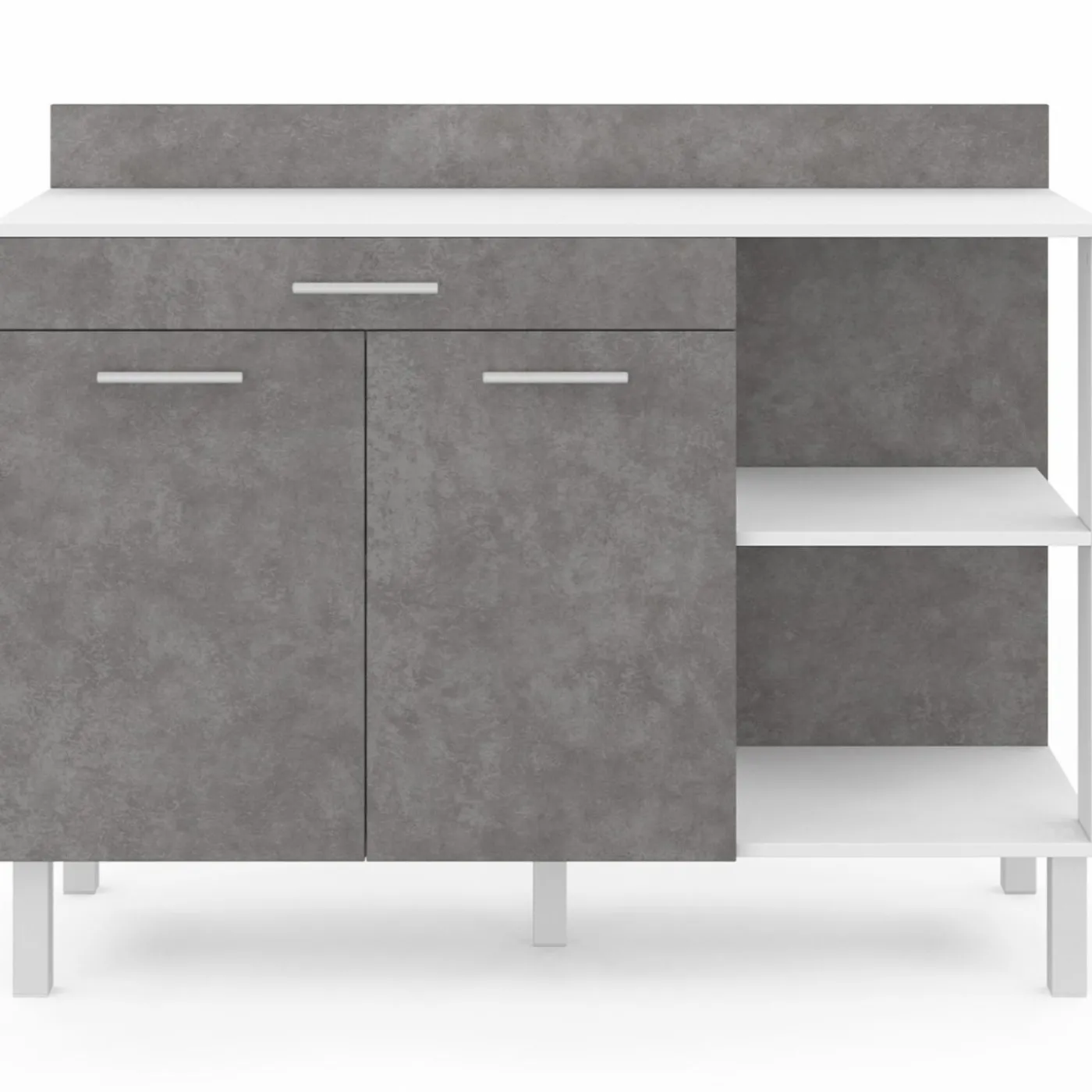 Buffet bas de cuisine blanc 120 cm 2 portes + tiroir effet béton