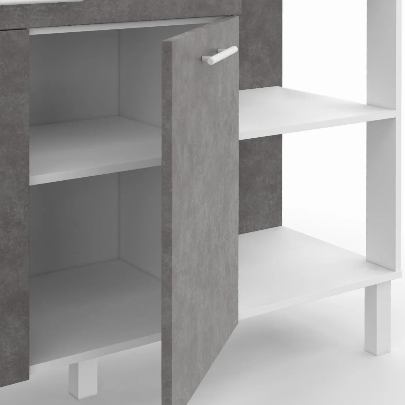 Buffet bas de cuisine blanc 120 cm 2 portes + tiroir effet béton