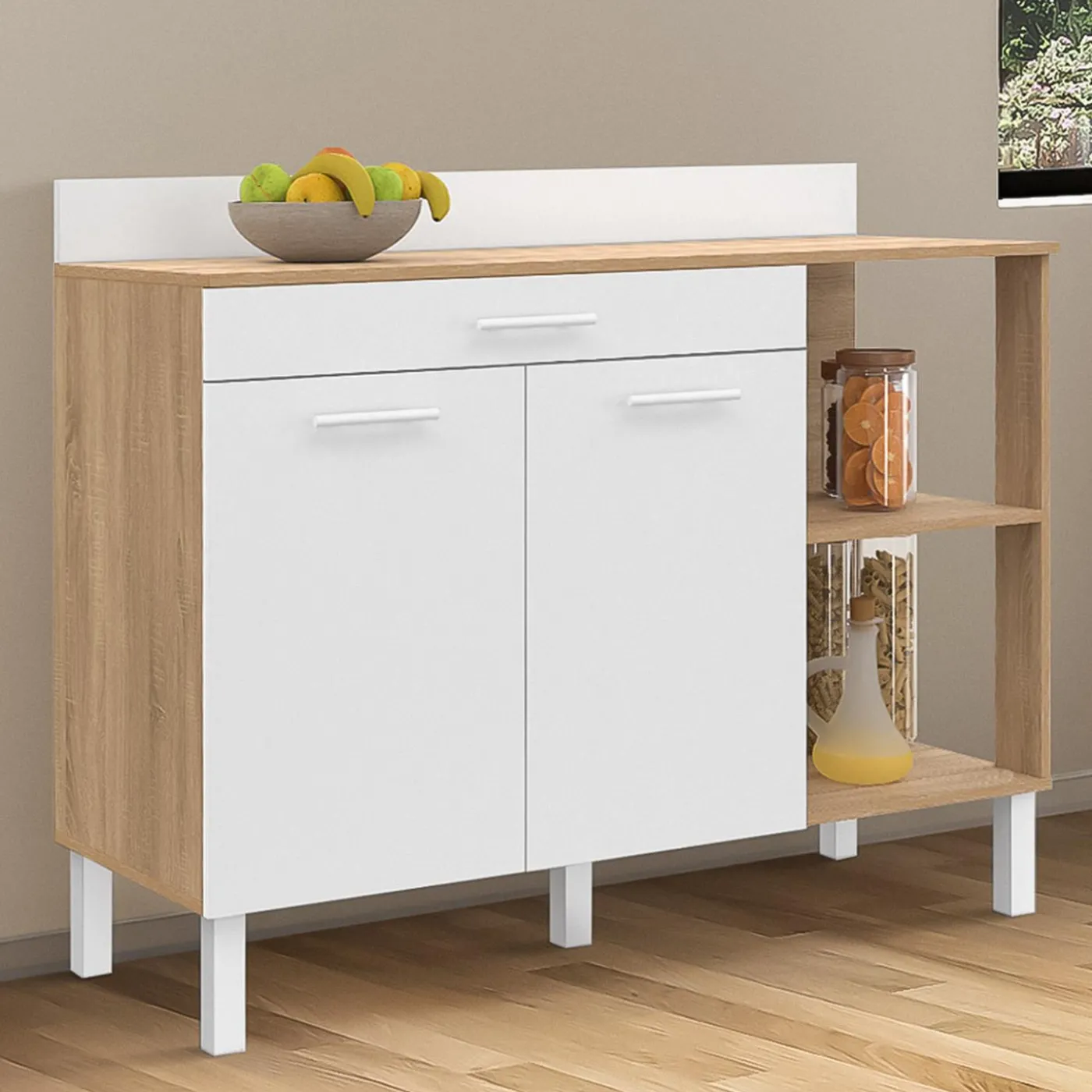 Buffet bas de cuisine bois façon hêtre 120 cm 2 portes + tiroir blanc