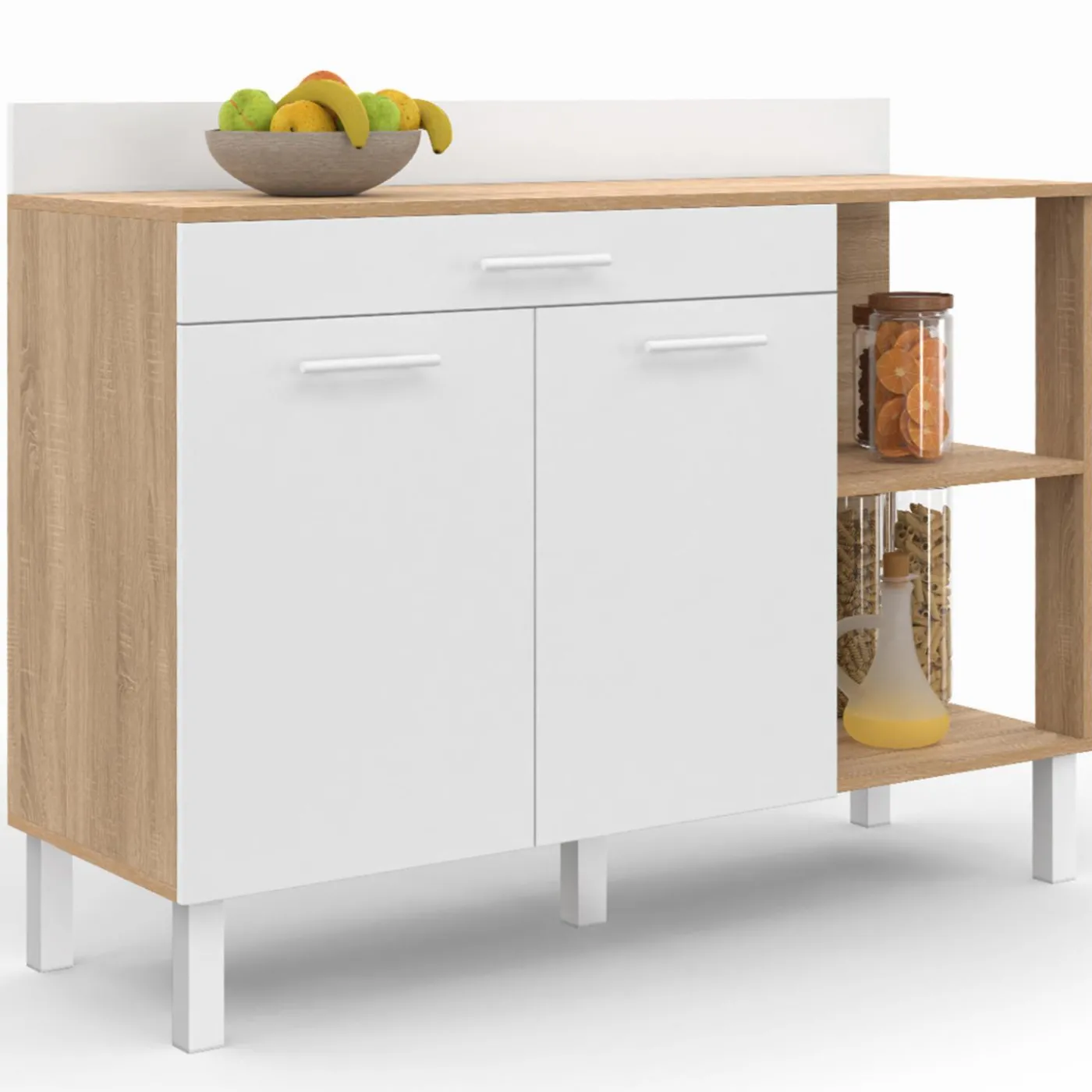 Buffet bas de cuisine bois façon hêtre 120 cm 2 portes + tiroir blanc