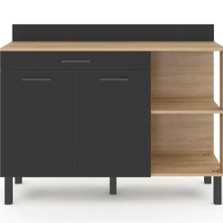 Buffet bas de cuisine bois façon hêtre 120 cm 2 portes + tiroir noir