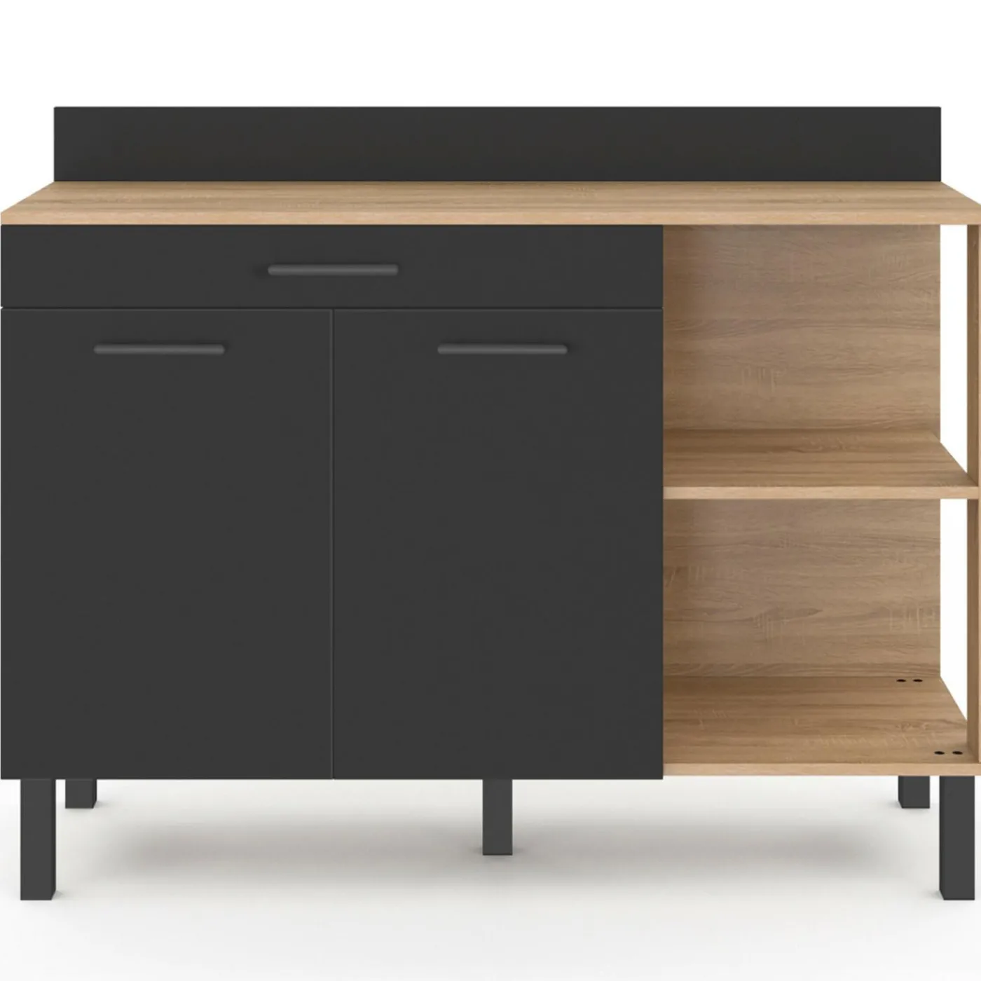 Buffet bas de cuisine bois façon hêtre 120 cm 2 portes + tiroir noir