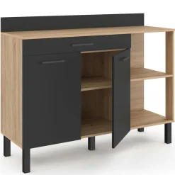 Buffet bas de cuisine bois façon hêtre 120 cm 2 portes + tiroir noir