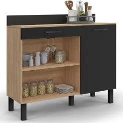Buffet bas de cuisine en bois façon hêtre 100 cm porte + tiroir noir