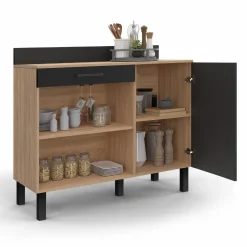 Buffet bas de cuisine en bois façon hêtre 100 cm porte + tiroir noir