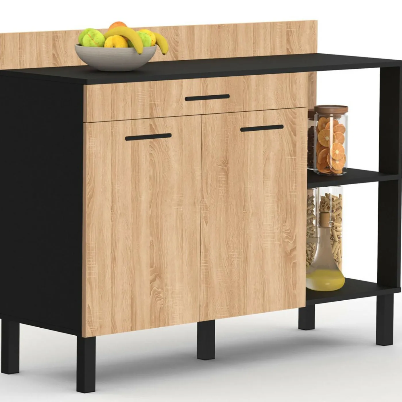 Buffet bas de cuisine noir 120 cm 2 portes + tiroir bois façon hêtre