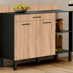 Buffet bas de cuisine noir 120 cm 2 portes + tiroir bois façon hêtre