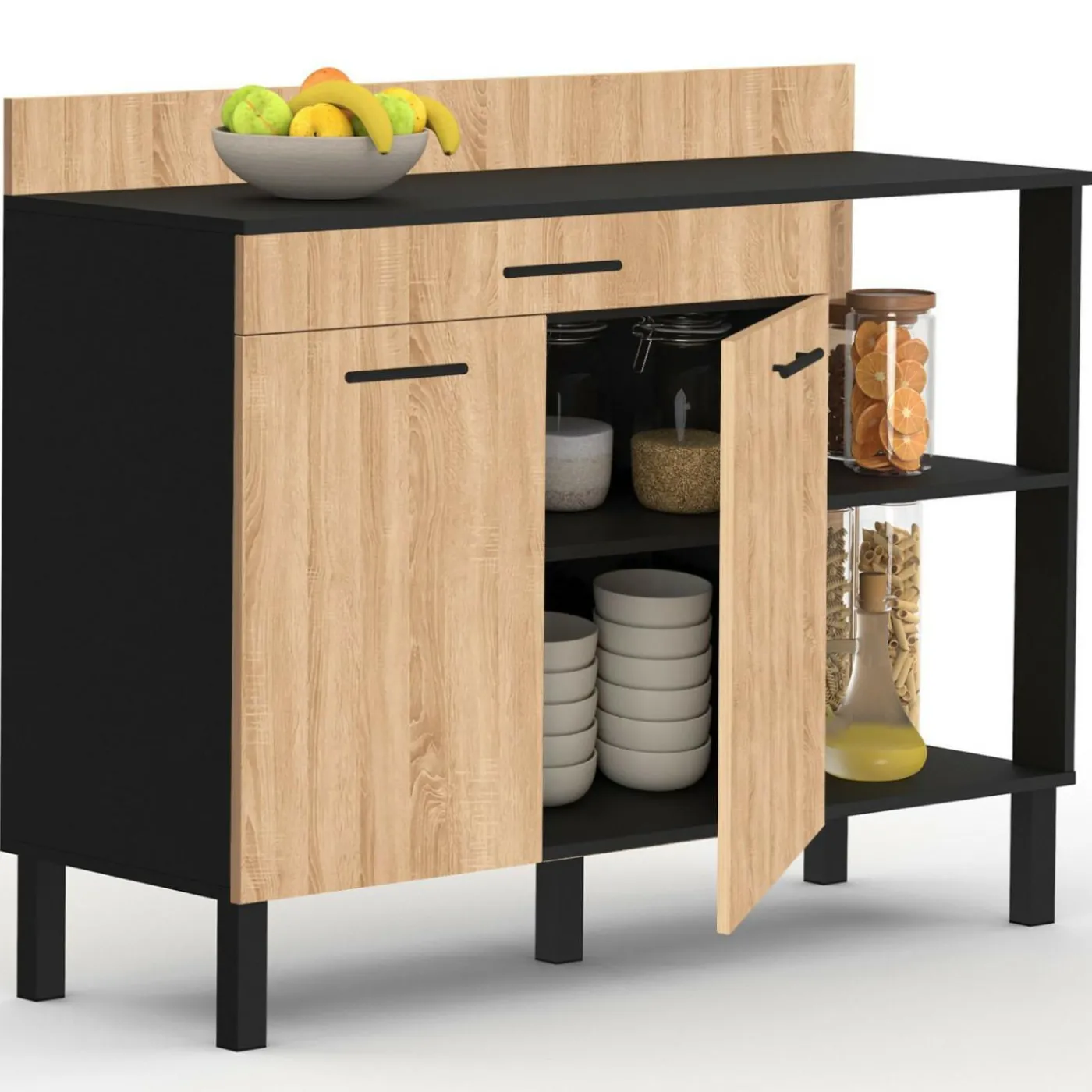 Buffet bas de cuisine noir 120 cm 2 portes + tiroir bois façon hêtre