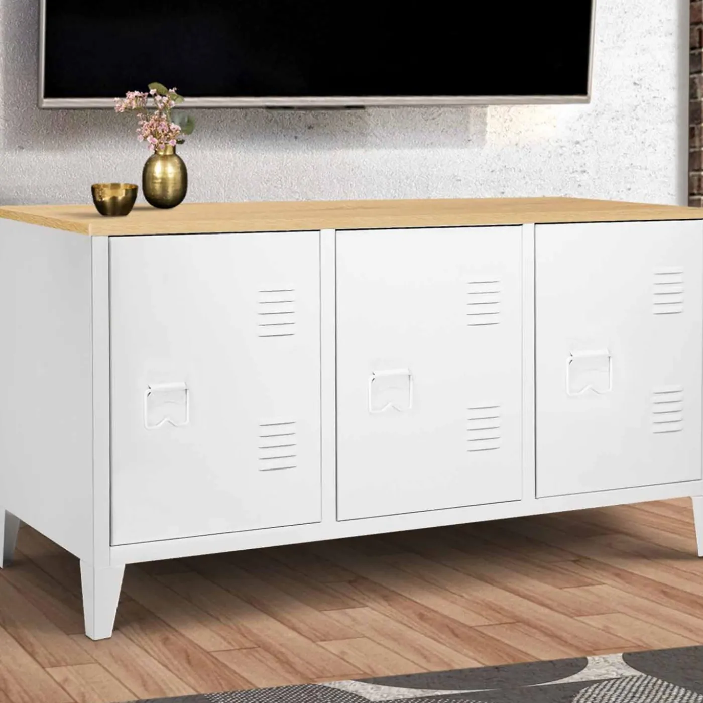 Buffet bas en métal blanc avec plateau de bois