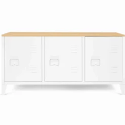 Buffet bas en métal blanc avec plateau de bois