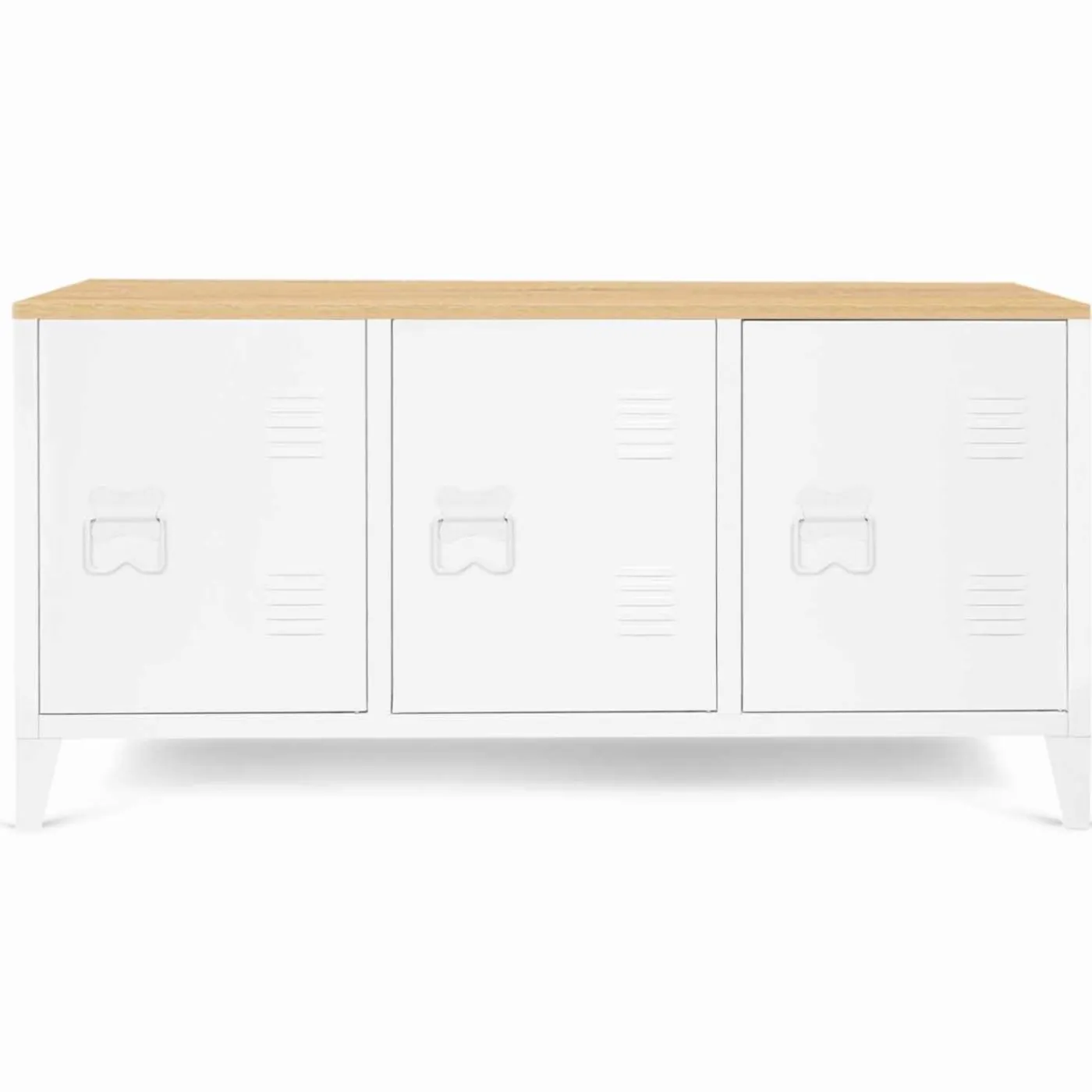 Buffet bas en métal blanc avec plateau de bois
