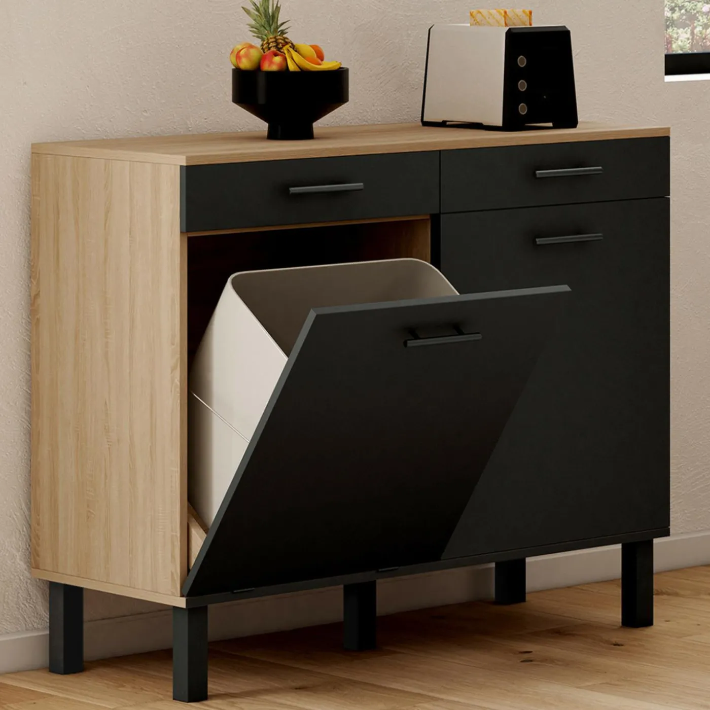 Buffet bas hêtre et noir avec espace poubelle