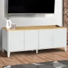 Buffet bas industriel 4 portes métal blanc et plateau bois