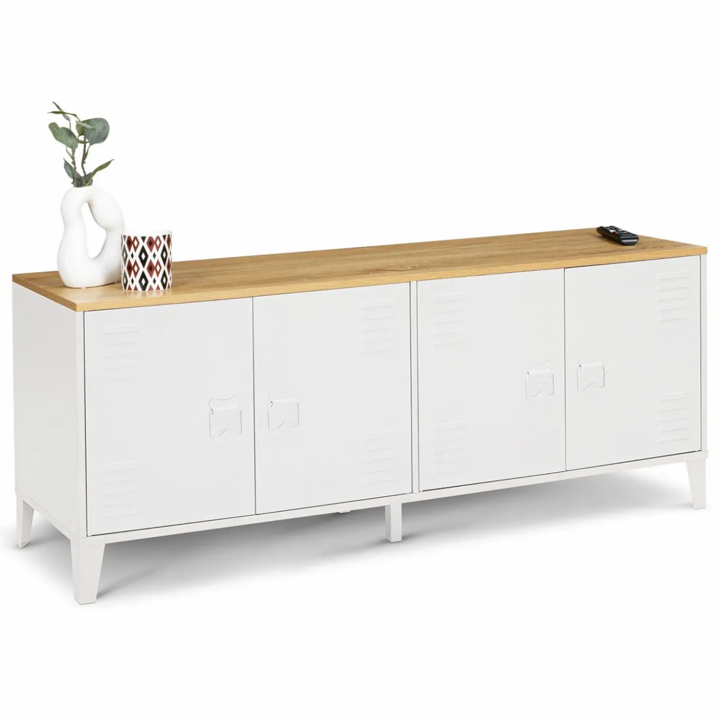 Buffet bas industriel 4 portes métal blanc et plateau bois