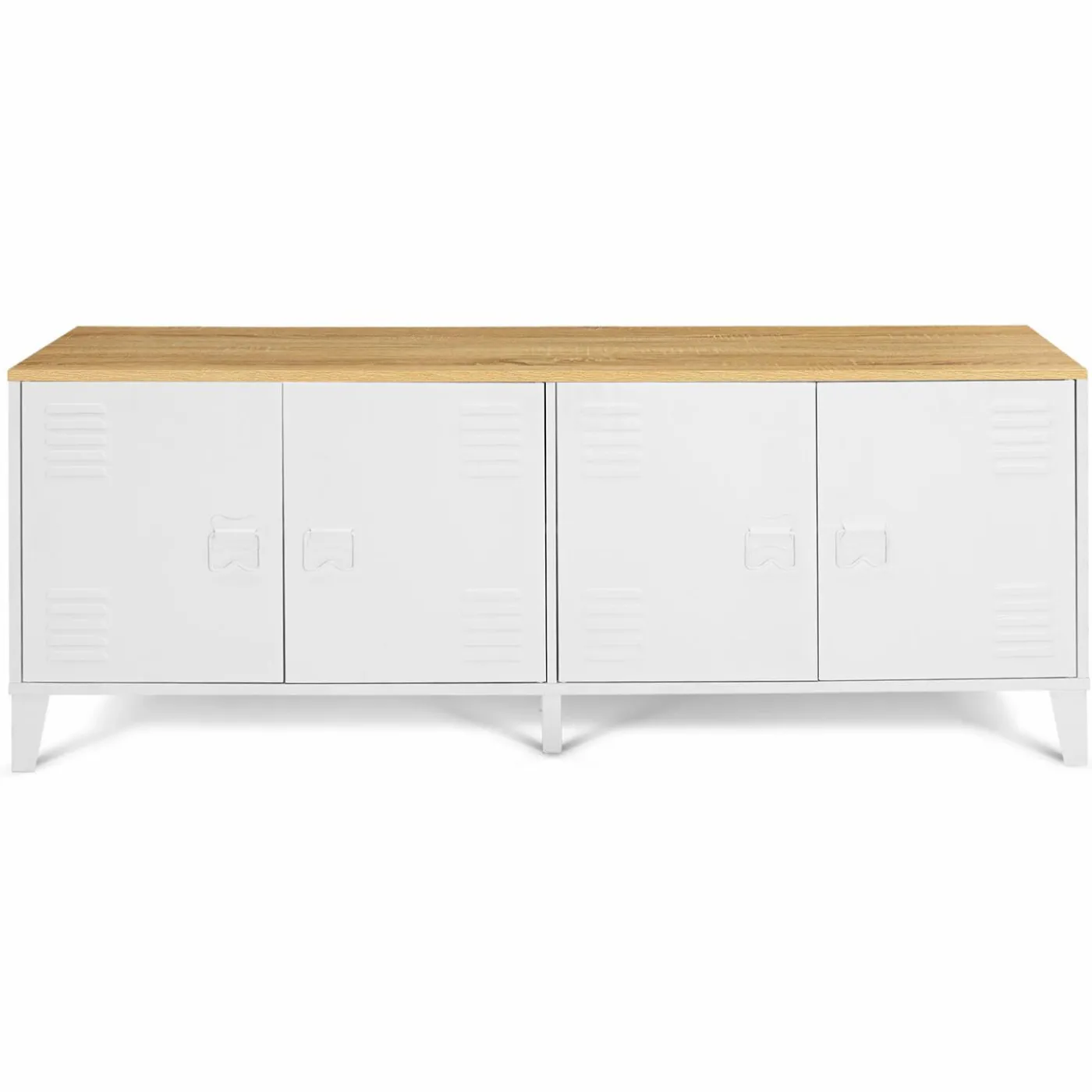 Buffet bas industriel 4 portes métal blanc et plateau bois