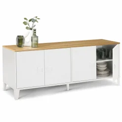 Buffet bas industriel 4 portes métal blanc et plateau bois