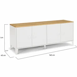 Buffet bas industriel 4 portes métal blanc et plateau bois
