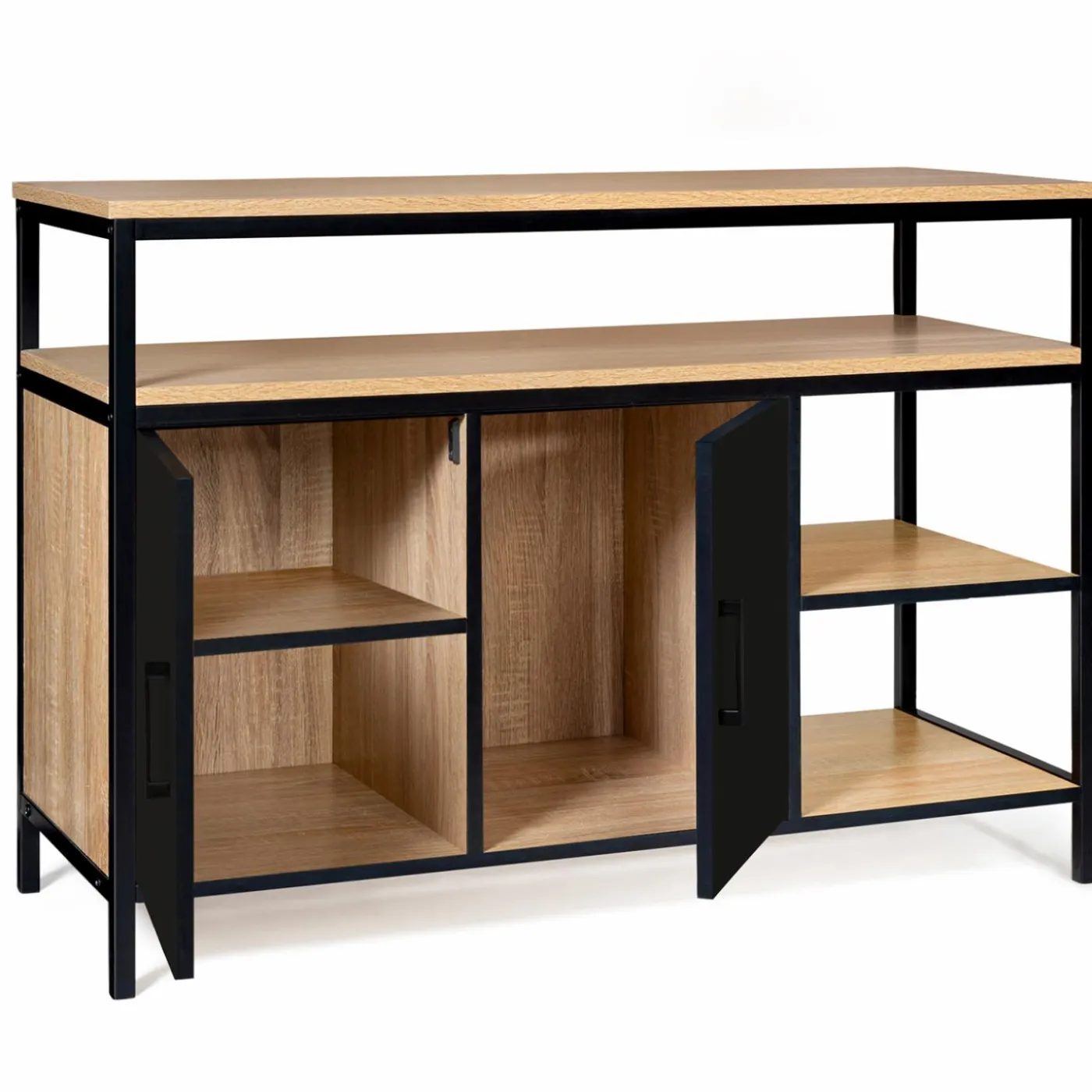 Buffet bas industriel 2 portes bois et métal noir 100 cm