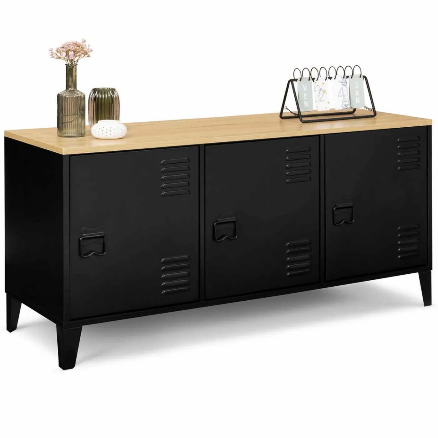 Buffet bas métal noir avec plateau bois