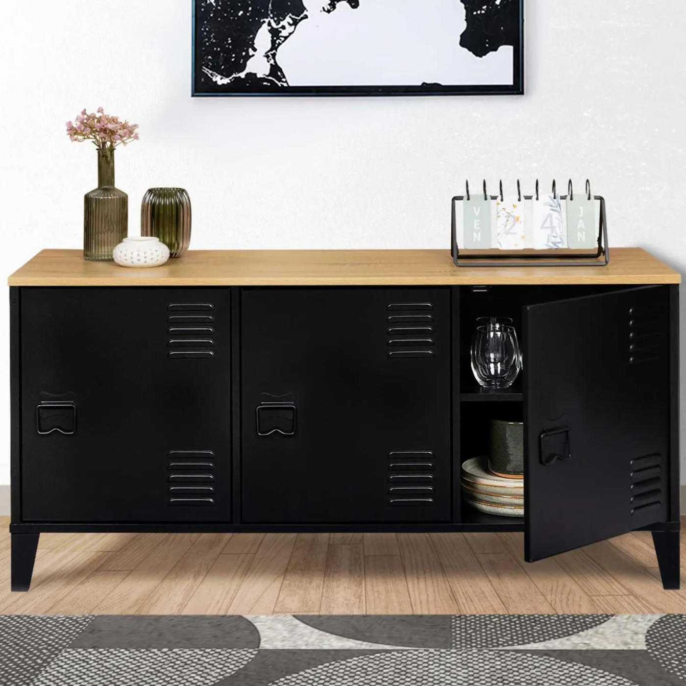 Buffet bas métal noir avec plateau bois