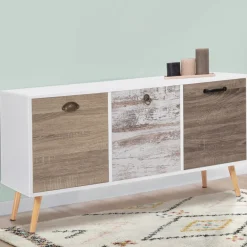 Buffet bas scandinave 3 portes blanc effet vieilli