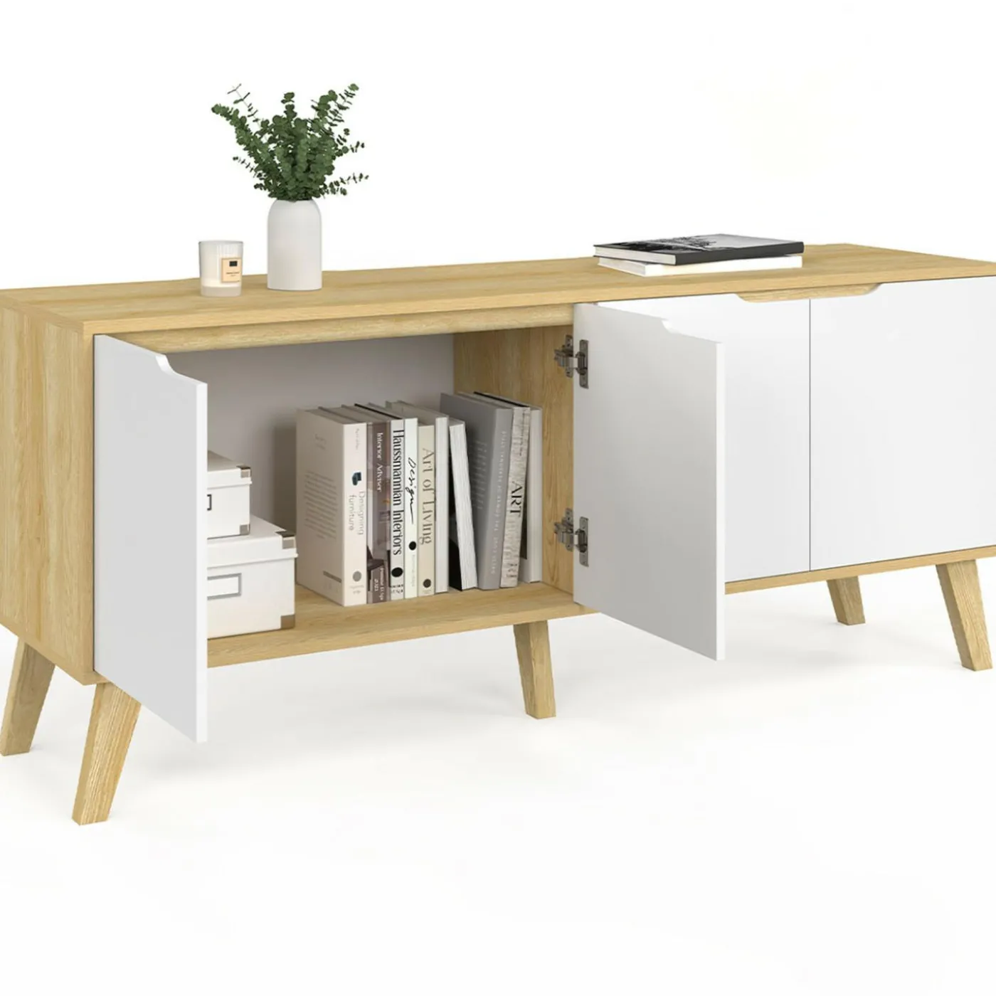 Buffet bas scandinave bois avec 4 portes blanches